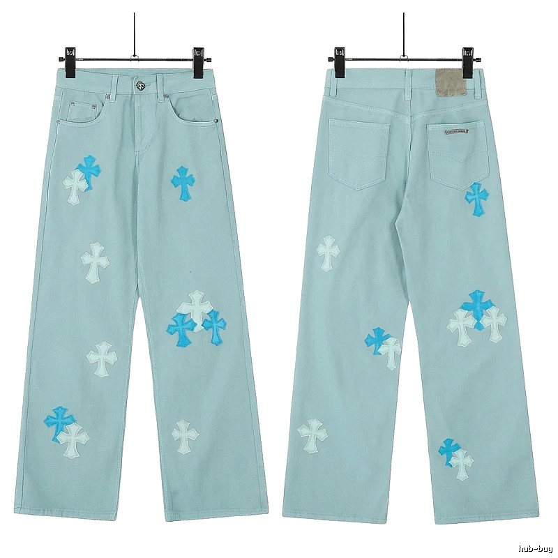 Chrome Hearts Cross Trend Brand Light Blue Jeans