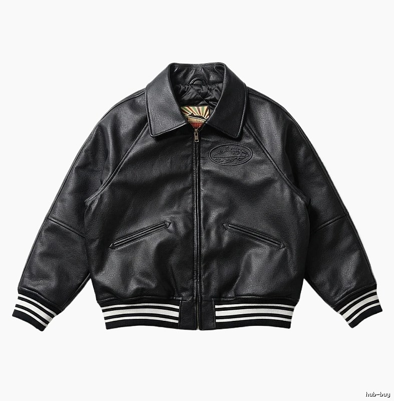 Corteiz baseball-style black leather jacket