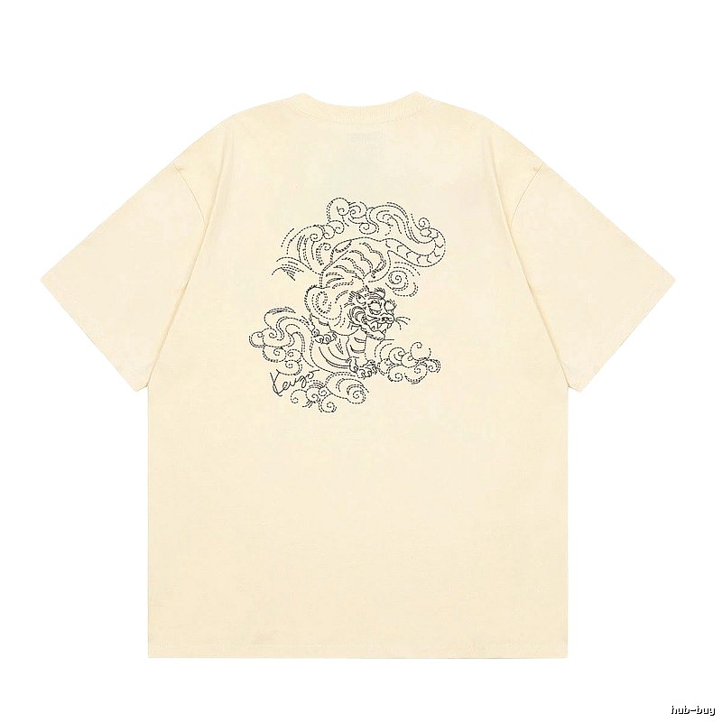 KENZO Auspicious Cloud Tiger Embroidery Chinese Style Beige Apricot Short Sleeve T-Shirt