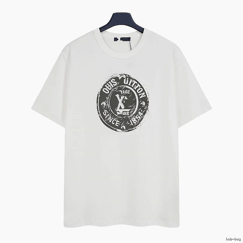 Louis Vuitton Vintage-style Distressed Stamp Print White T-Shirt