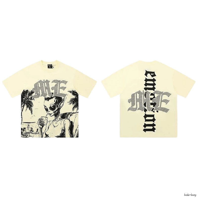 Mixed Emotion Alien Print Street Style Beige T-Shirt