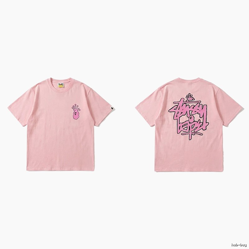 Bape Crown Print Trendy Cool Pink T-shirt