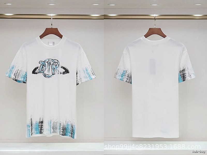 Dior Graffiti Collection Street Style White and Blue Short-sleeve T-shirt