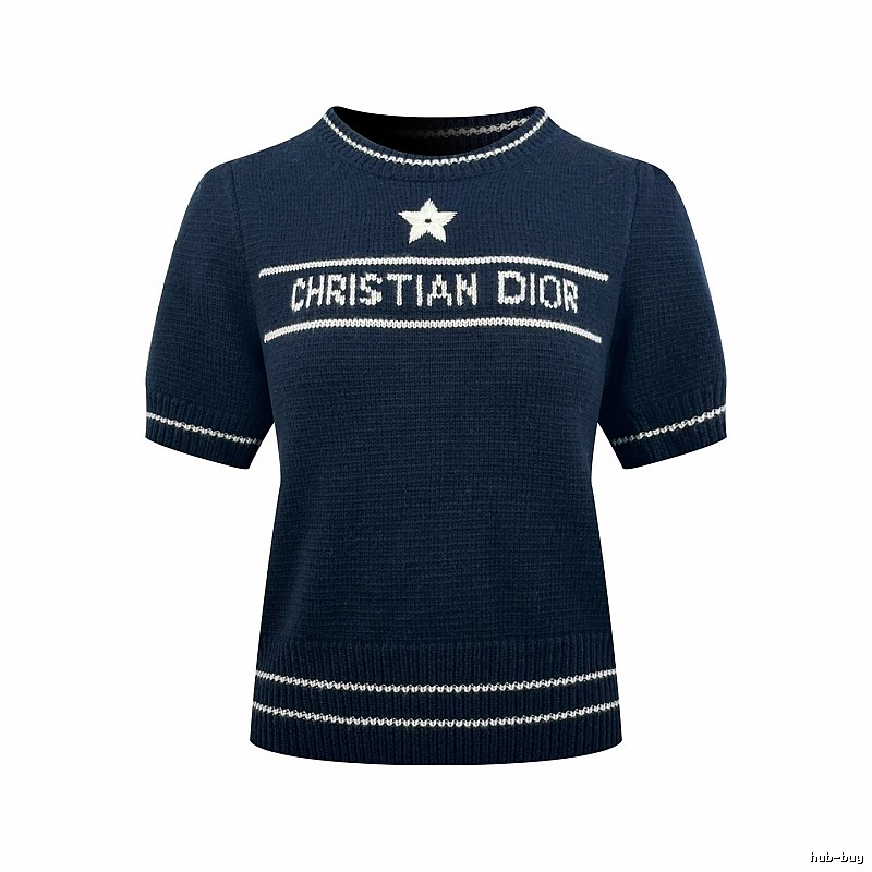 Dior Short Sleeve Knit Sweater with Cream Trim and Star Detail