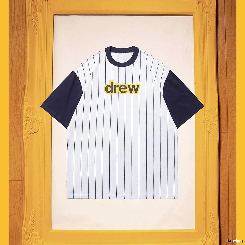 DREW Letter Print Street Style White and Navy Blue Short Sleeve T-Shirt