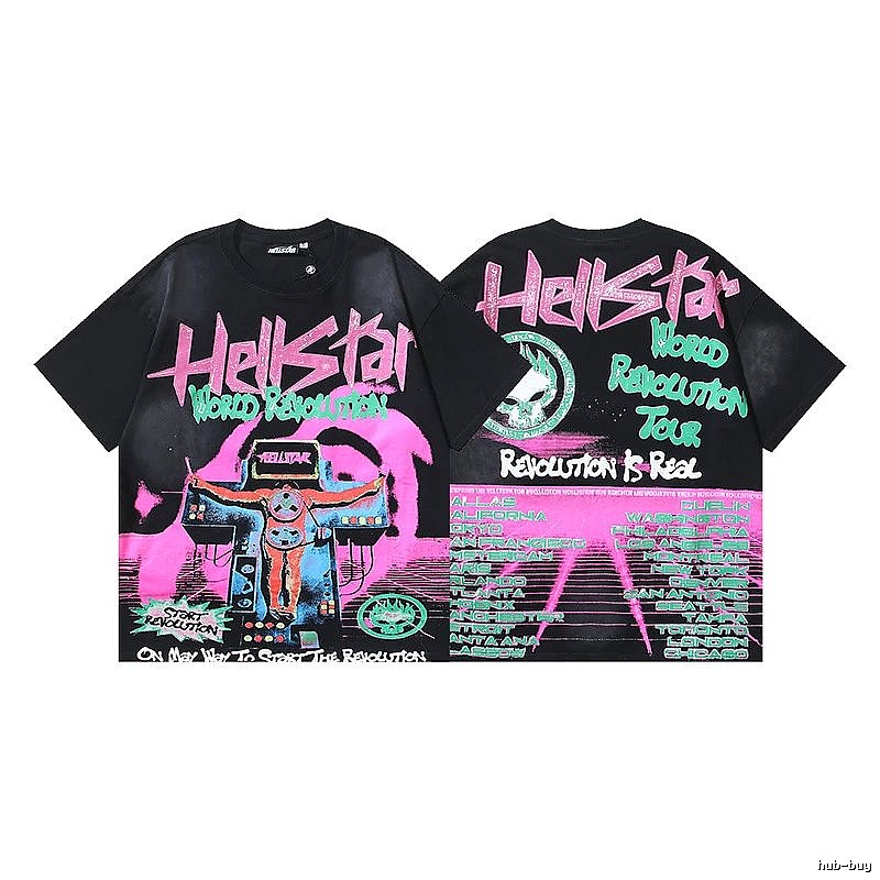 Hellstar Revolution Tour Street Style Black and Pink Short Sleeve T-Shirt