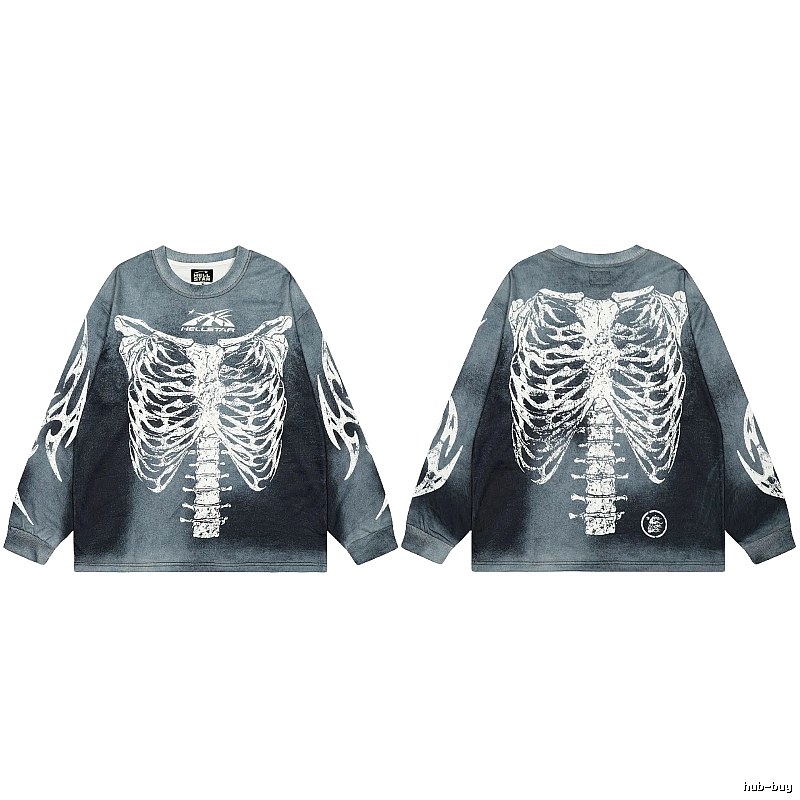 Hellstar Skull Print Street Style Vintage Grey Long Sleeve T-shirt