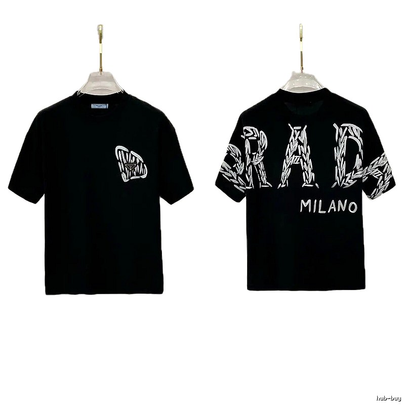 Prada Embroidered Streetwear Style Black Short-sleeve T-shirt