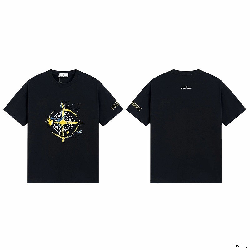 Stone Island Ink-splattered Street Style Black Short-sleeve T-shirt