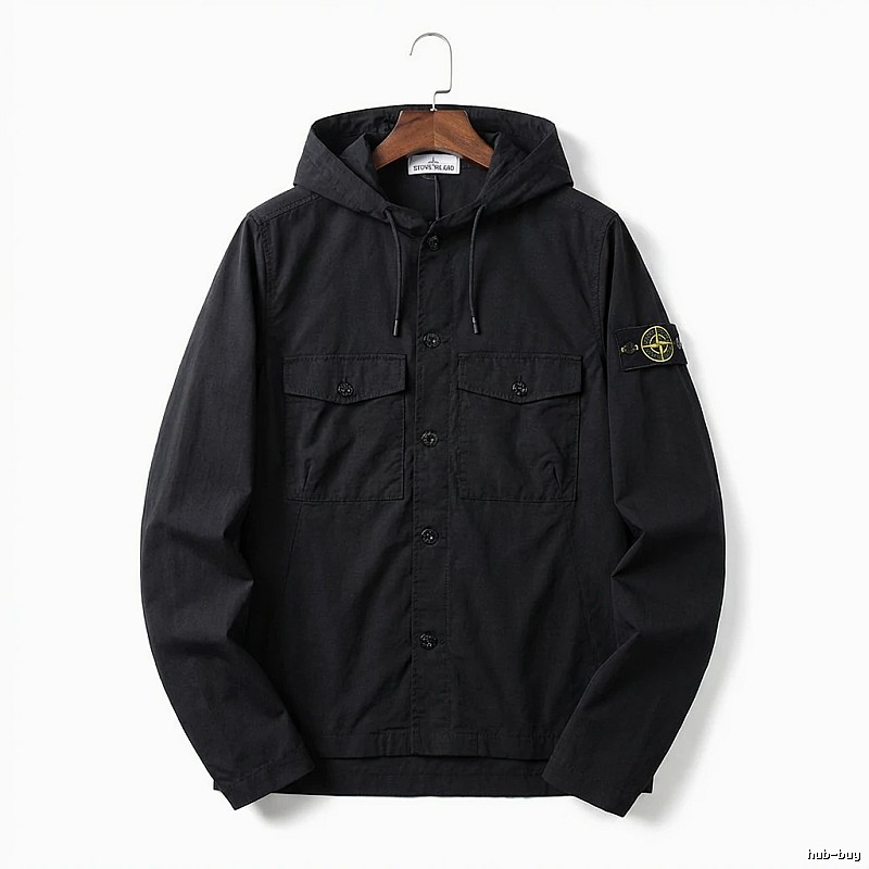Stone Island Workwear Style Black Hooded Coat